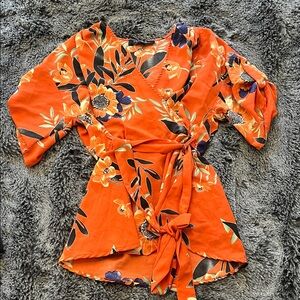 Vibrant Floral Wrap Blouse - Orange